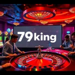 Gamblers enjoying a thrilling game at 79king Casino, surrounded by vibrant neon lights and lively atmosphere.